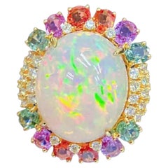 Natural Rainbow sapphire, Opal & Diamond Ring in 18k Gold