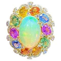 Natural Rainbow sapphire, Opal & Diamond Ring in 18k Gold