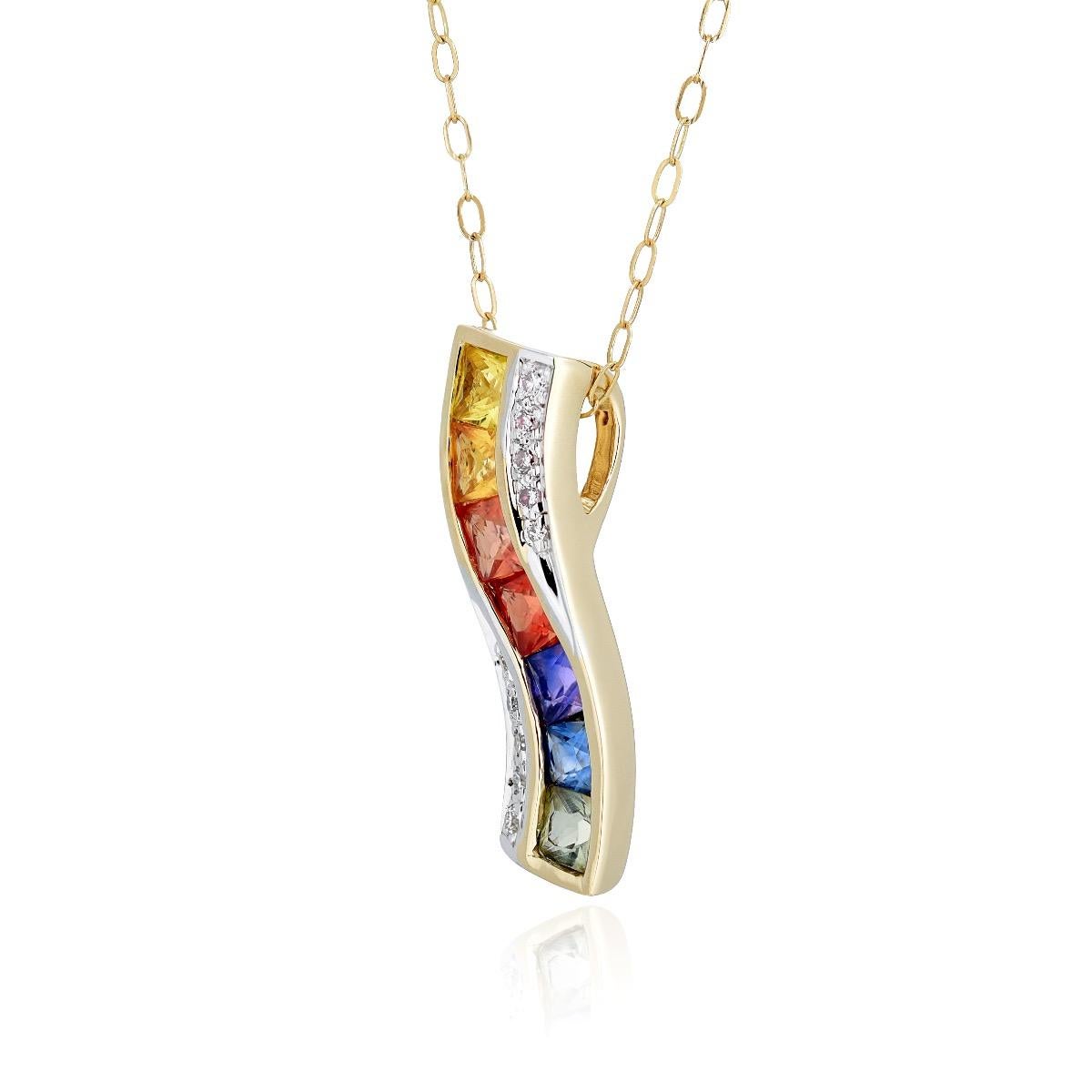 Princess Cut Natural Rainbow Sapphire Stones 0.80 cts in 14K Yellow Gold Pendant w Diamonds For Sale