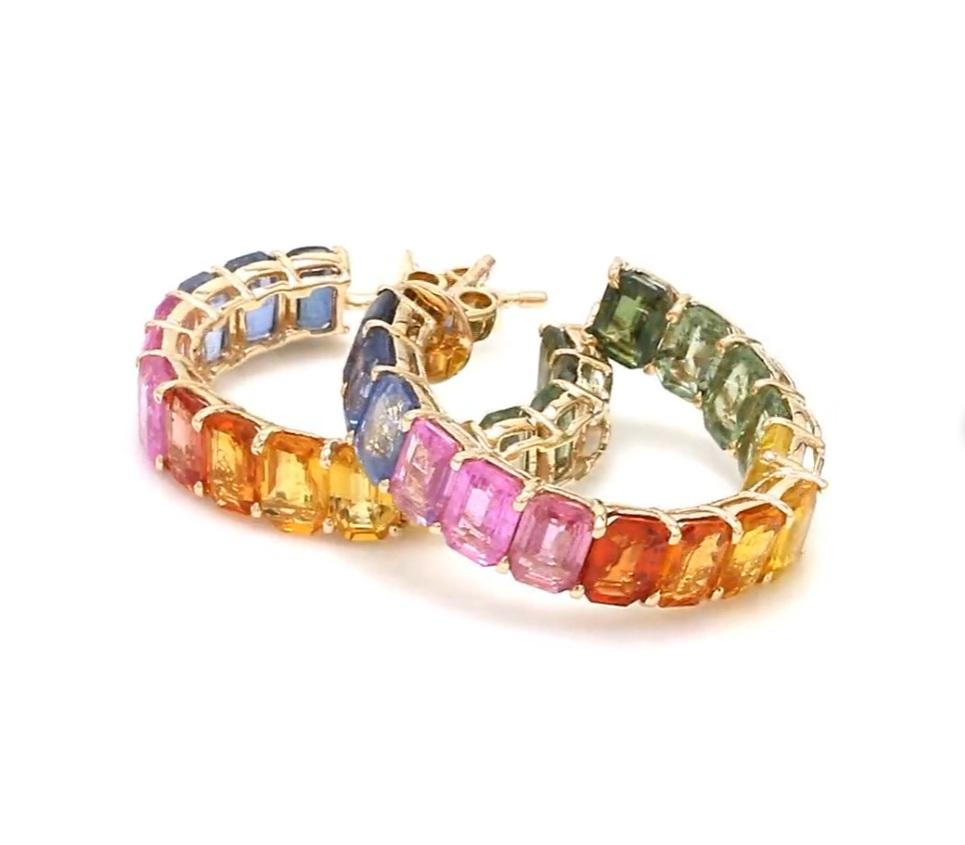 18K gold rainbow hoop earrings with sapphire  Natural sapphires rainbow earrings gold  Hoop earrings with 18K gold and sapphire accents

STONE DETAILS :
✦ Stone: Rainbow Sapphire
✦ Stone Type : Natural
✦ Stone Size : 6x4 mm
✦ Stone Shape : Emerald