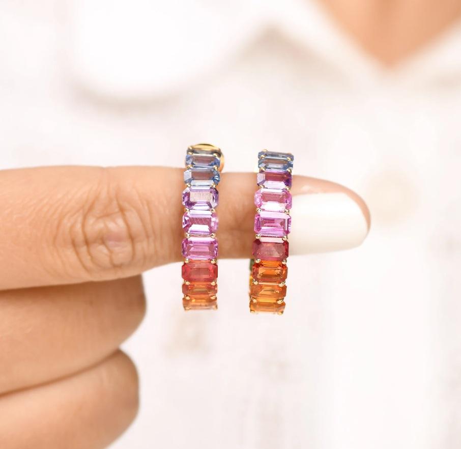 Natural rainbow sapphires earrings in 18k gold Corte Asscher en venta