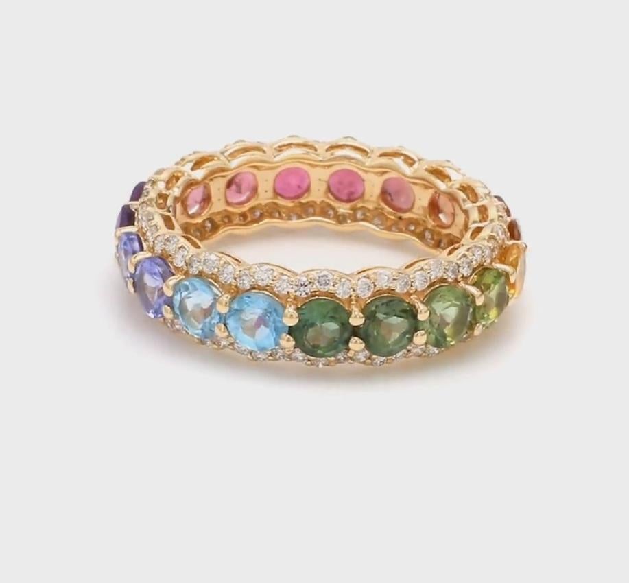 Natural Rainbow Gemstone Eternity Band Ring with Diamonds in 14K/18K Gold

STONE DETAILS :
✦ Stone: Rainbow Sapphire, Amethyst, Tanzanite, Blue Topaz, Tourmaline
✦ Stone Type : Natural
✦Ring Width : 6 mm
✦Ring Height : 3.10 mm
✦ Stone Size : 3.50