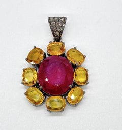 Natural Rare big Ruby Yellow sapphire diamonds sterling silver Flower Pendant