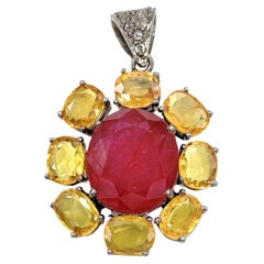 Raro naturale grande rubino giallo zaffiro diamanti argento sterling Ciondolo a forma di fiore