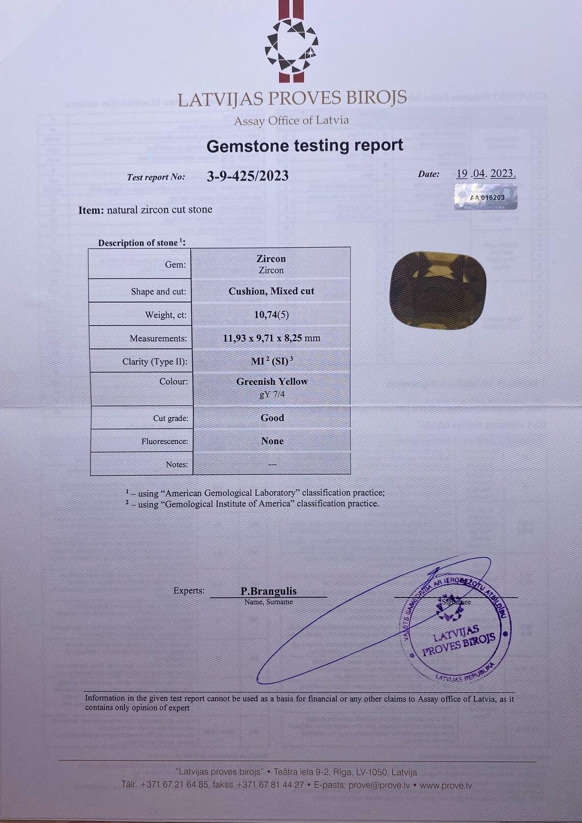 Taglio cuscino Zircone naturale giallo verdastro di colore raro dello Sri Lanka 10,74 carati! Certificato!!! in vendita