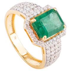 Natürlicher, seltener Smaragd-Diamant-Verlobungsring aus 18 Karat Gelbgold für Damen