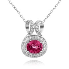 Natural Raspberry Rubellite Stone 0.50 cts in 14K White Gold Pendant w Diamonds