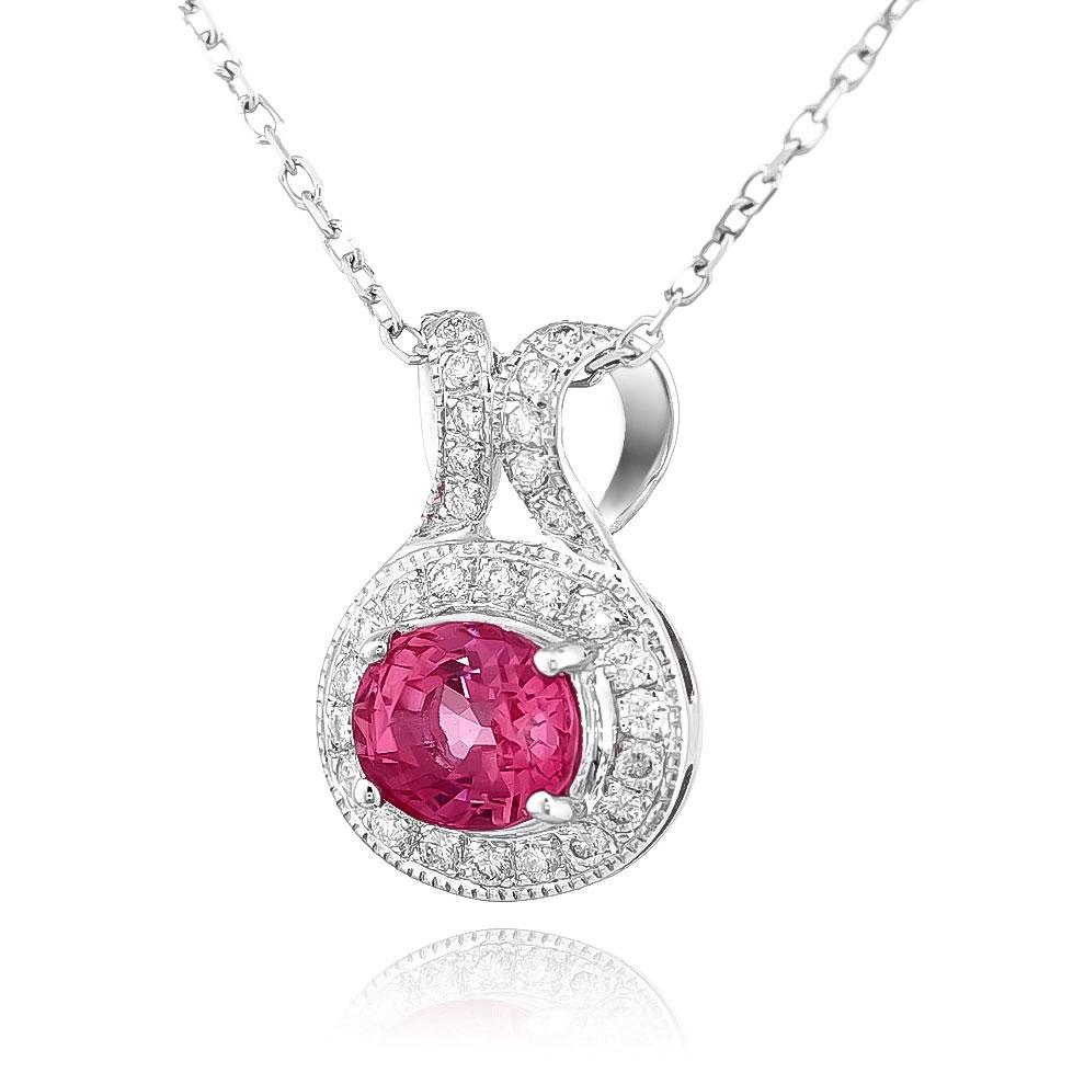 Mixed Cut Natural Raspberry Rubellite Stone 0.50 cts in 14K White Gold Pendant w Diamonds For Sale