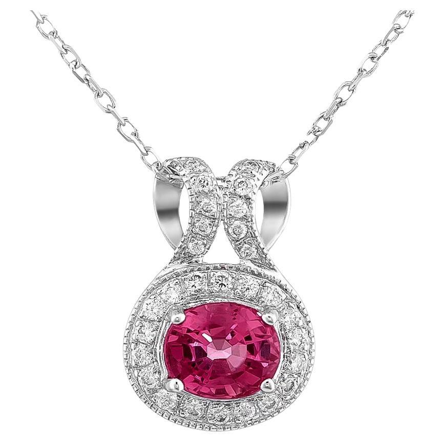 Natural Raspberry Rubellite Stone 0.50 cts in 14K White Gold Pendant w Diamonds