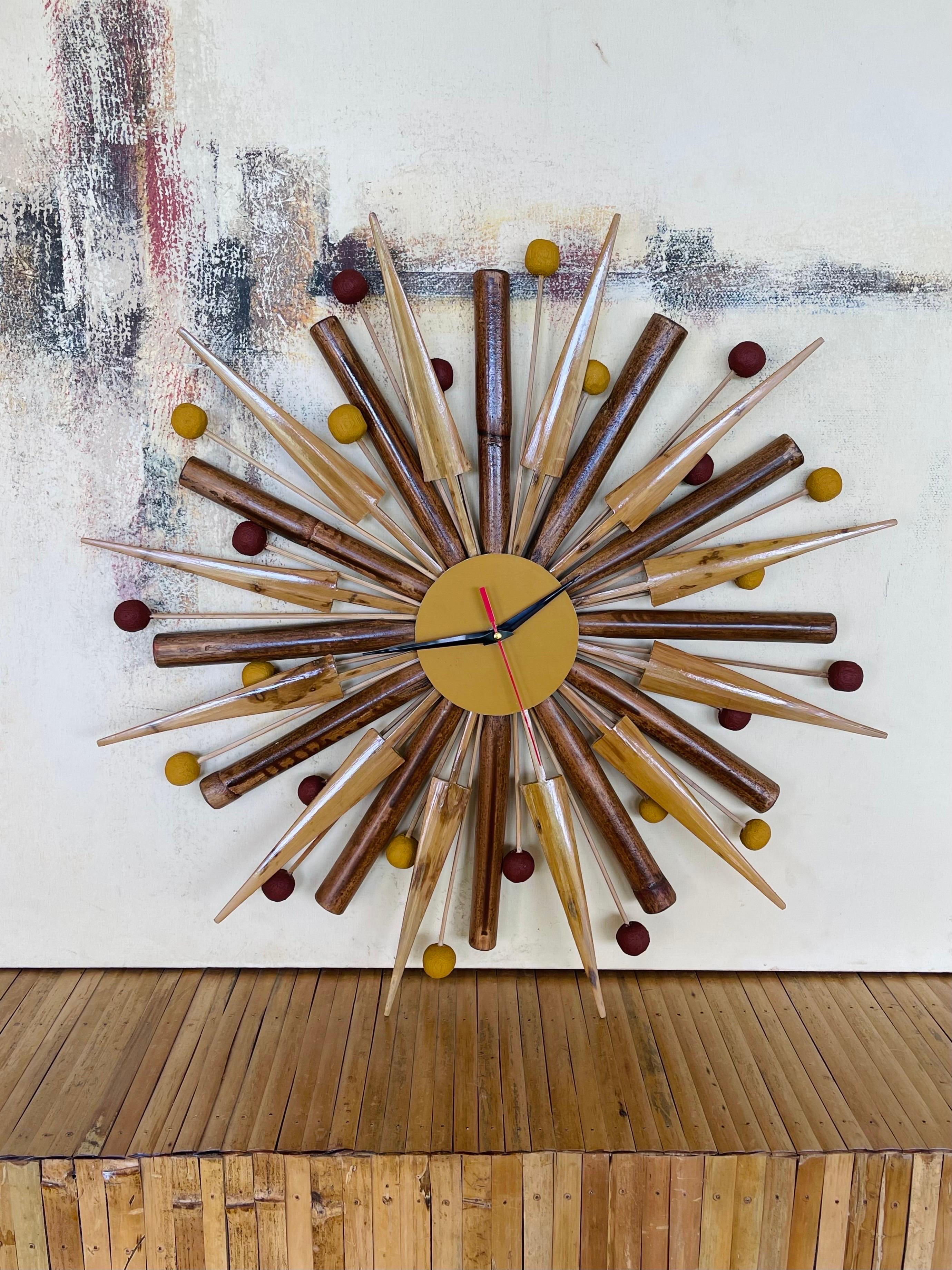 This is a High-quality Natural Rattan and Bamboo Mid Century style Starburst Clock Hand crafted by the local artisans in the Philippines


The clock measures 40cm in diameter

Natural Rattan poles stained with teak wood

Organic Bamboo with lacquer