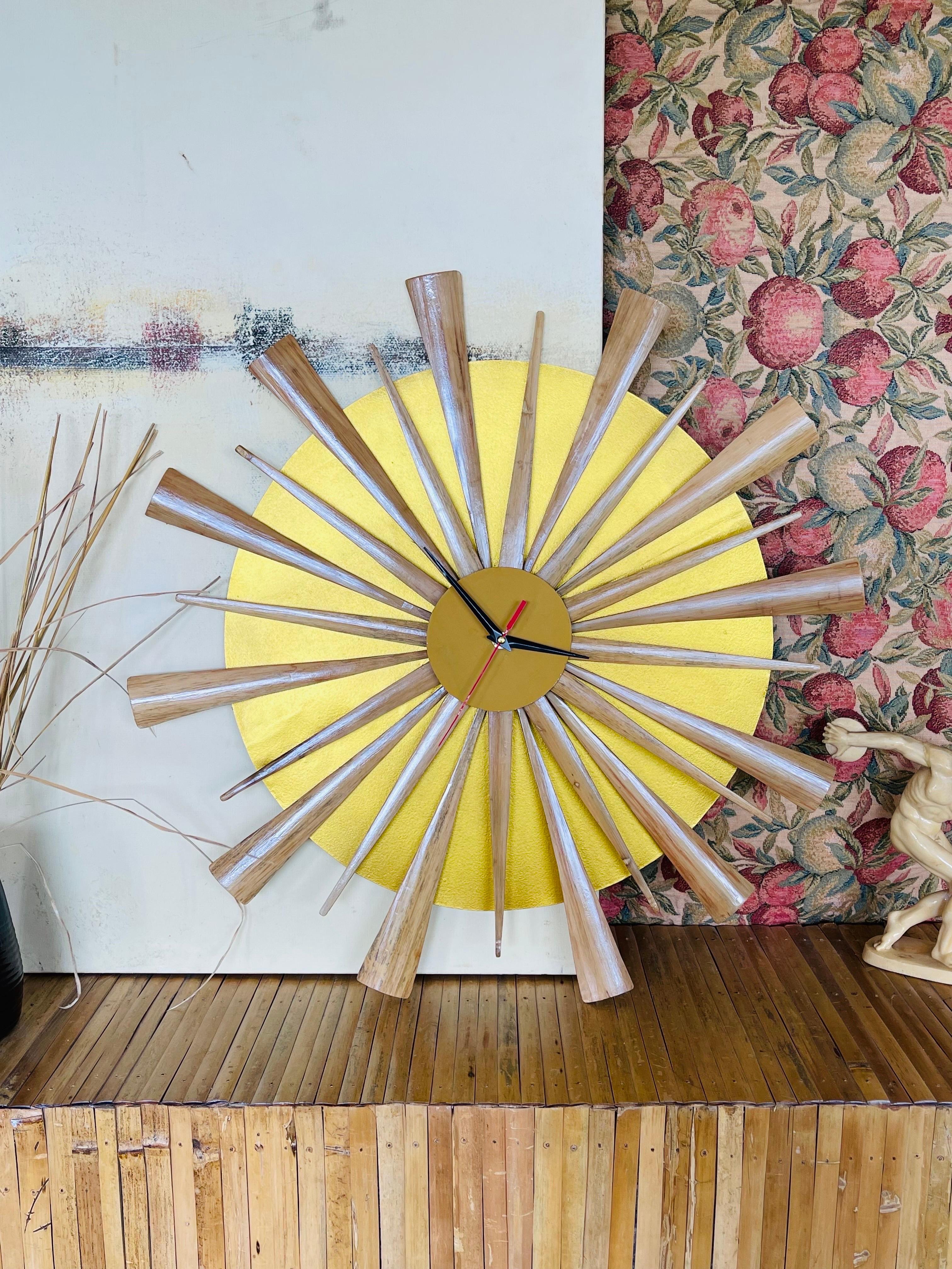 This is a High-quality Natural Rattan and Bamboo Mid Century style Starburst Clock Hand crafted by the local artisans in the Philippines

The clock measures 40cm in diameter

Organic Bamboo pieces with clear lacquer (All bamboo pieces were treated