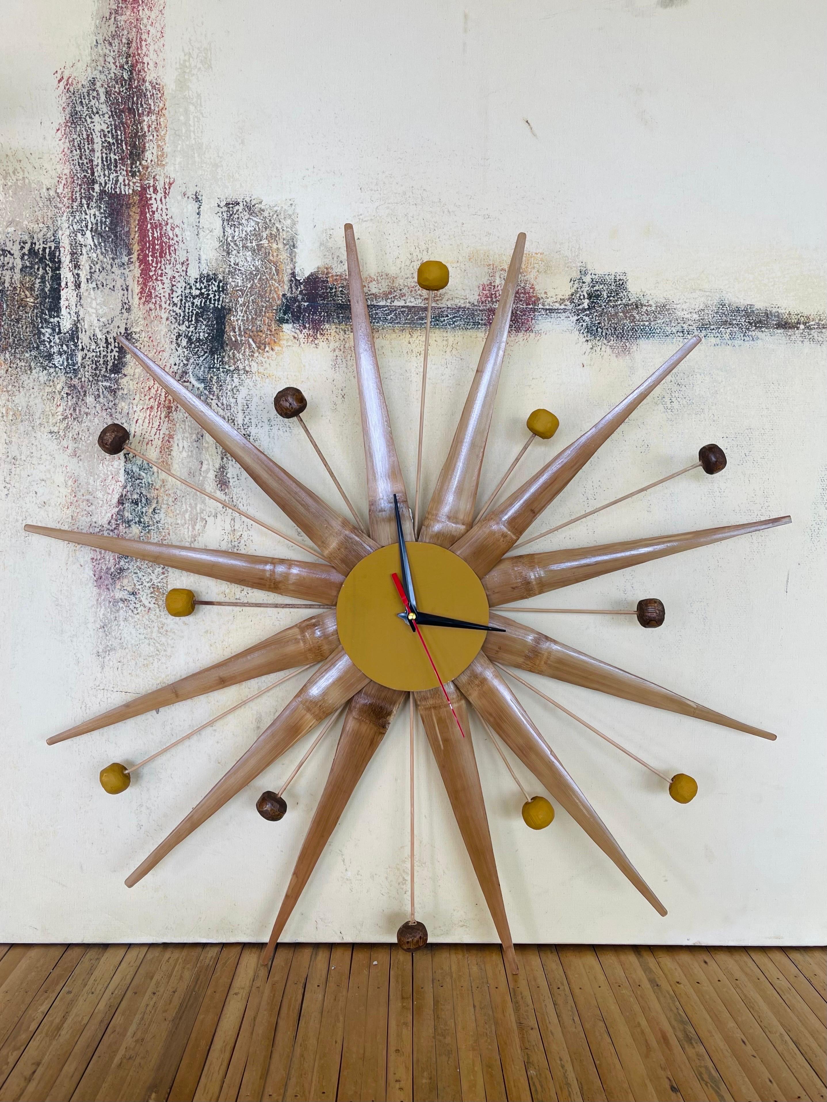 This is a high-quality natural rattan and bamboo mid-century style starburst clock handcrafted by local artisans in the Philippines.

The clock measures 40cm in diameter.

Organic Bamboo with clear lacquer (All bamboo pieces were treated with