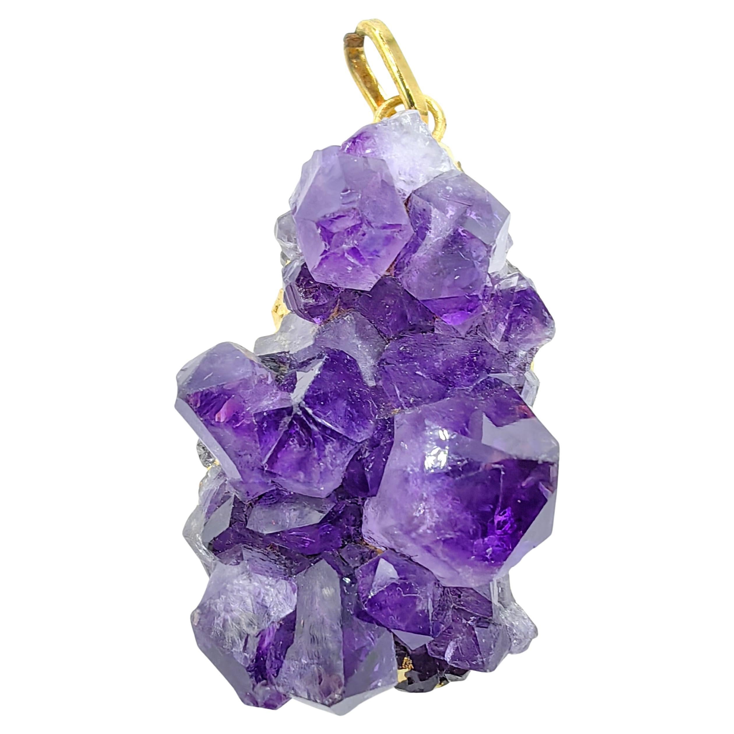 Natural Raw Amethyst Crystal Cluster Gold-Plated Edge Healing Necklace Pendant