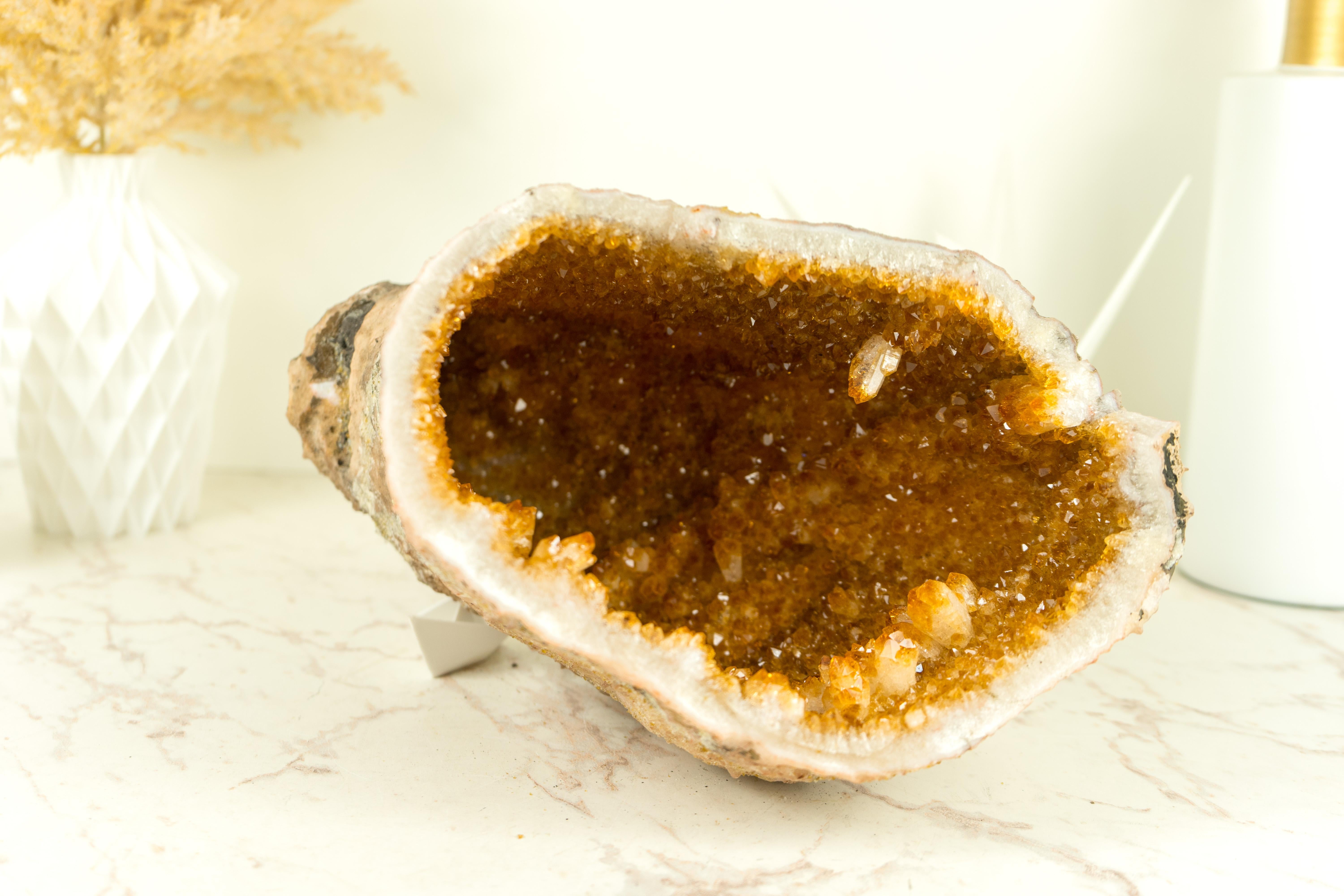 Contemporary Natural Raw Citrine Geode Cave with Deep Orange Citrine Druzy For Sale