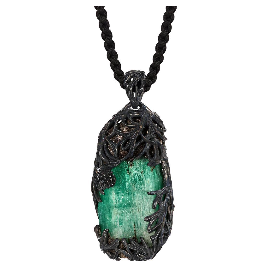 Natural Raw Emerald Crystal Necklace Pine Double-Sided cone For Sale