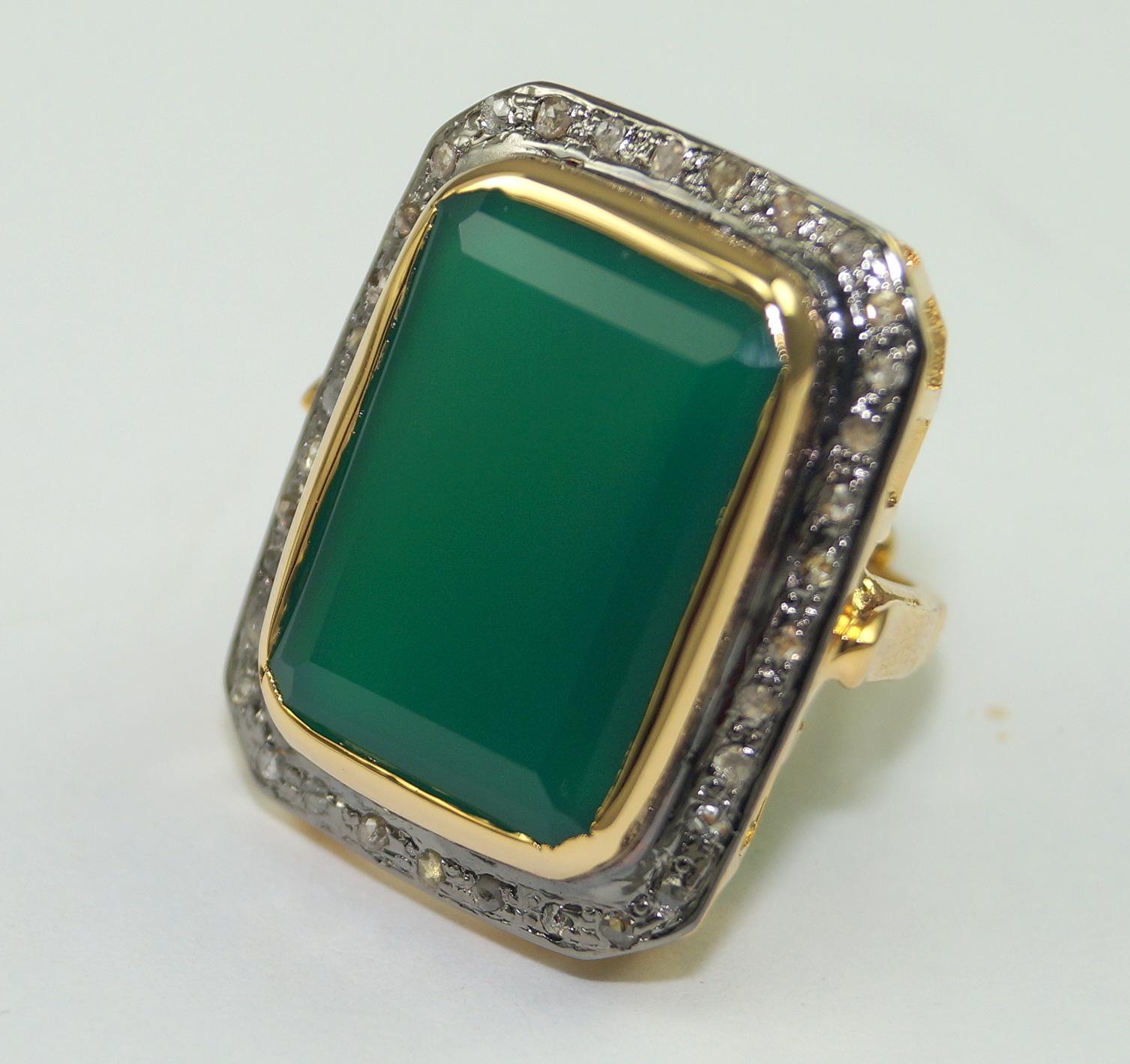 Edwardian Vintage Natural real diamonds sterling silver emerald cut green onyx ring For Sale
