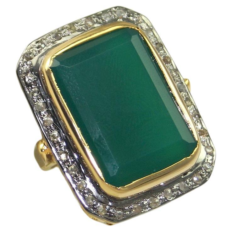 Vintage Natural real diamonds sterling silver emerald cut green onyx ring