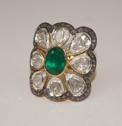 Natural real uncut diamonds sterling silver emerald statement ring