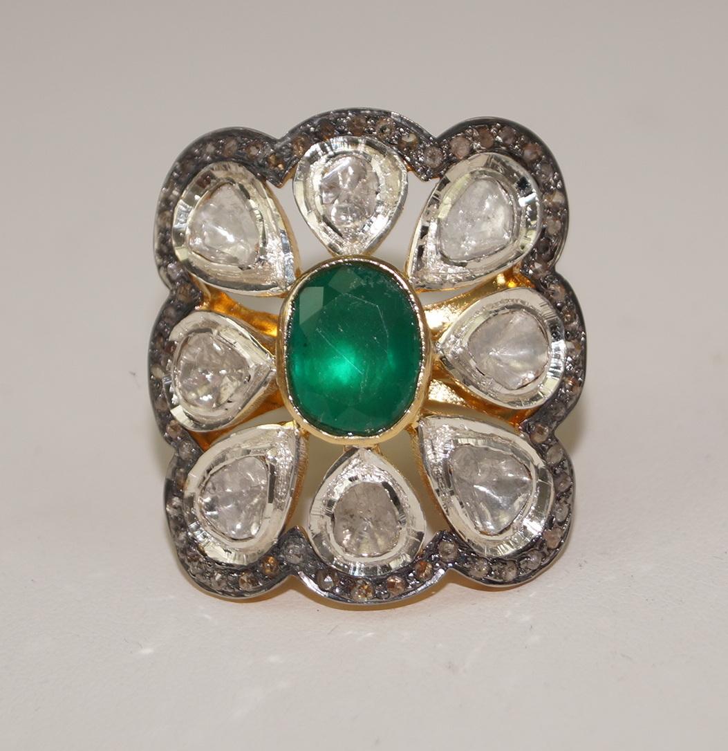 Natural real uncut diamonds sterling silver emerald statement ring In New Condition For Sale In Delhi, DL