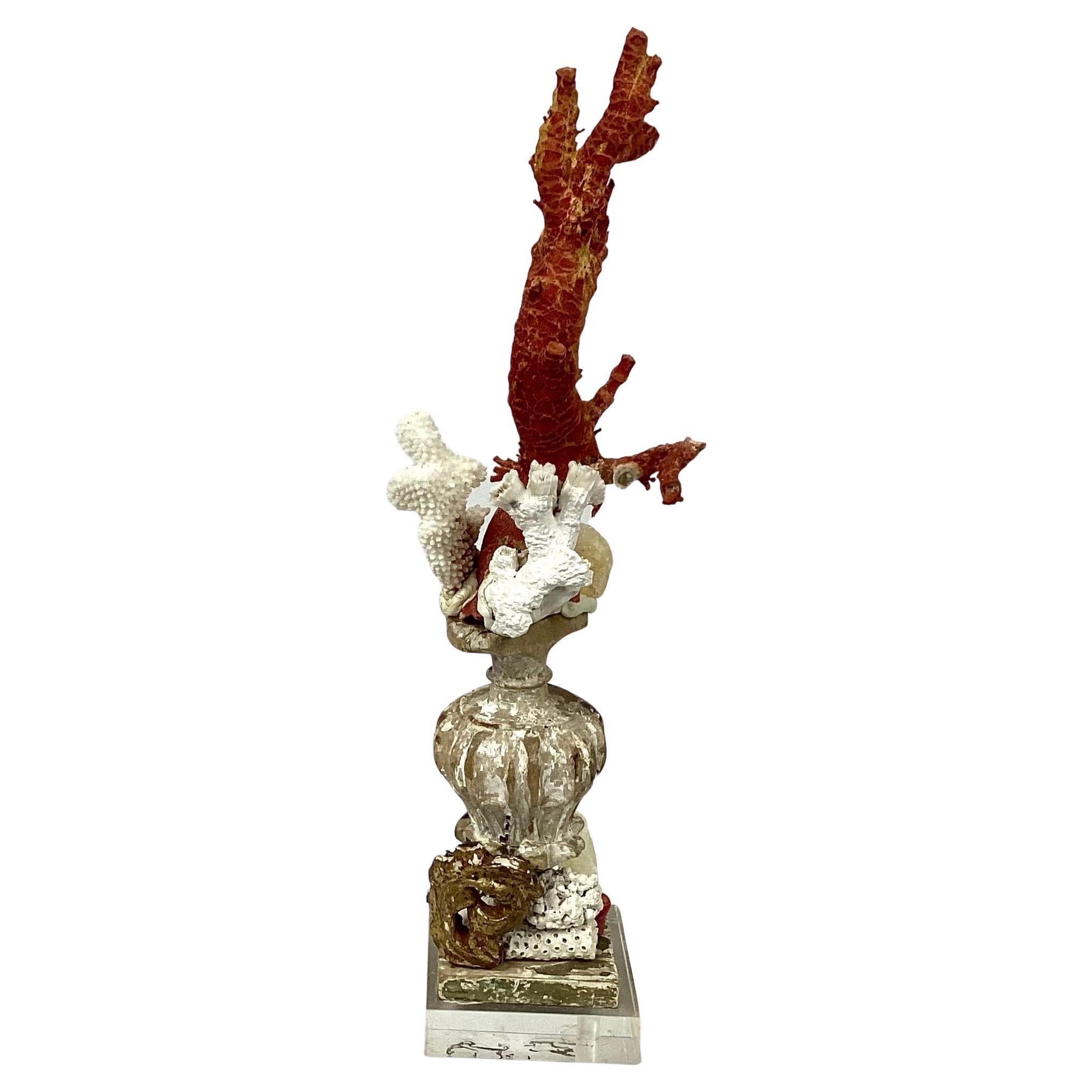 A hand-crafted sculpture specimen of natural white and red coral branches mounted on 18th century wood fragment and square lucite base.