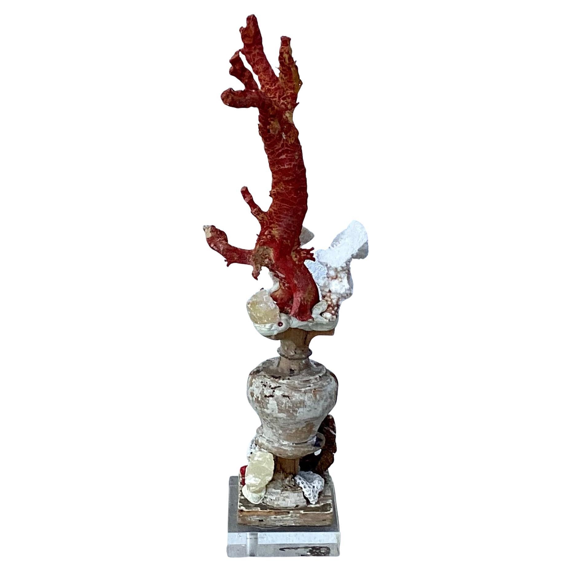 Organic Modern Natural Red and White Coral Mounted on 18th Century Wood Pedestal For Sale