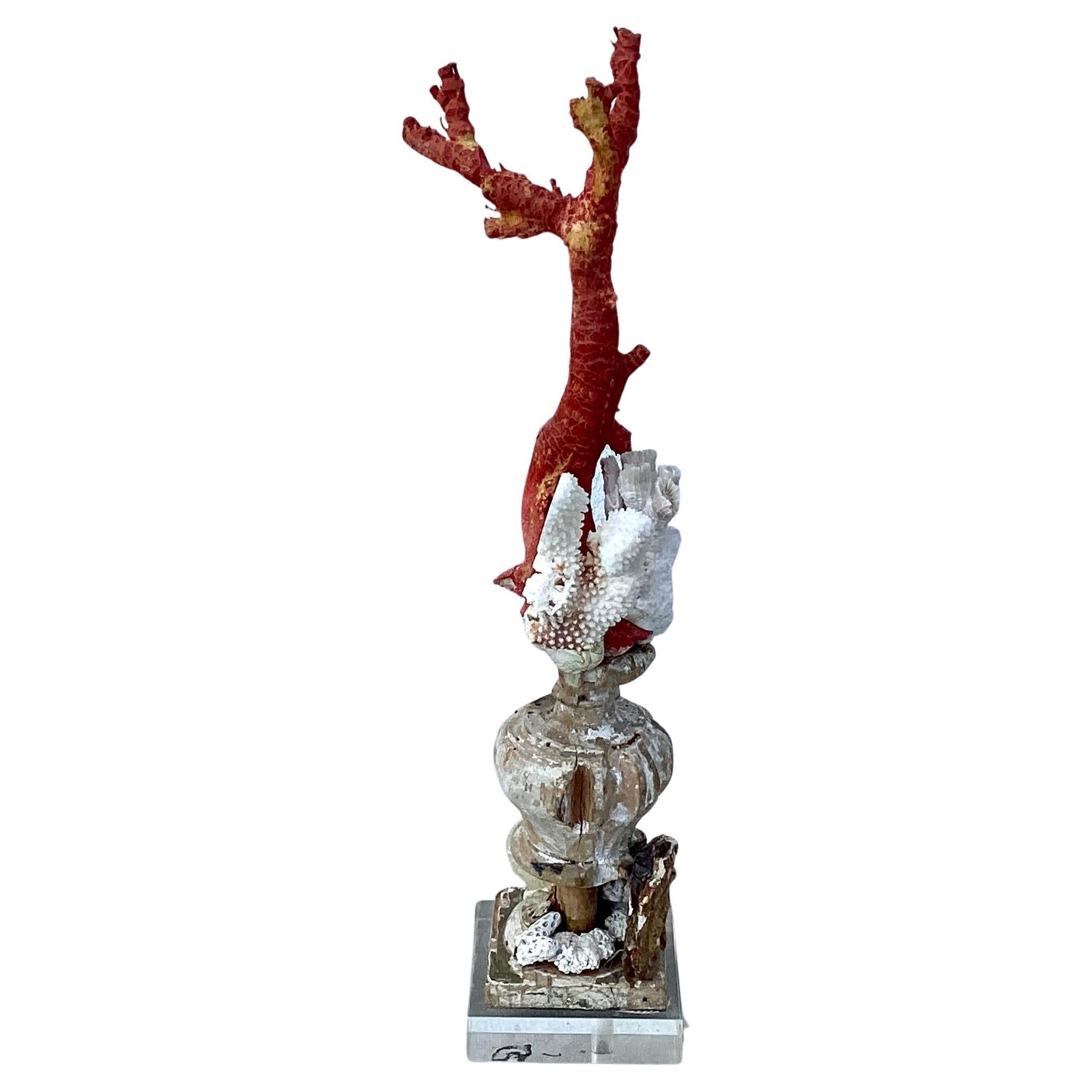 Italian Natural Red and White Coral Mounted on 18th Century Wood Pedestal For Sale