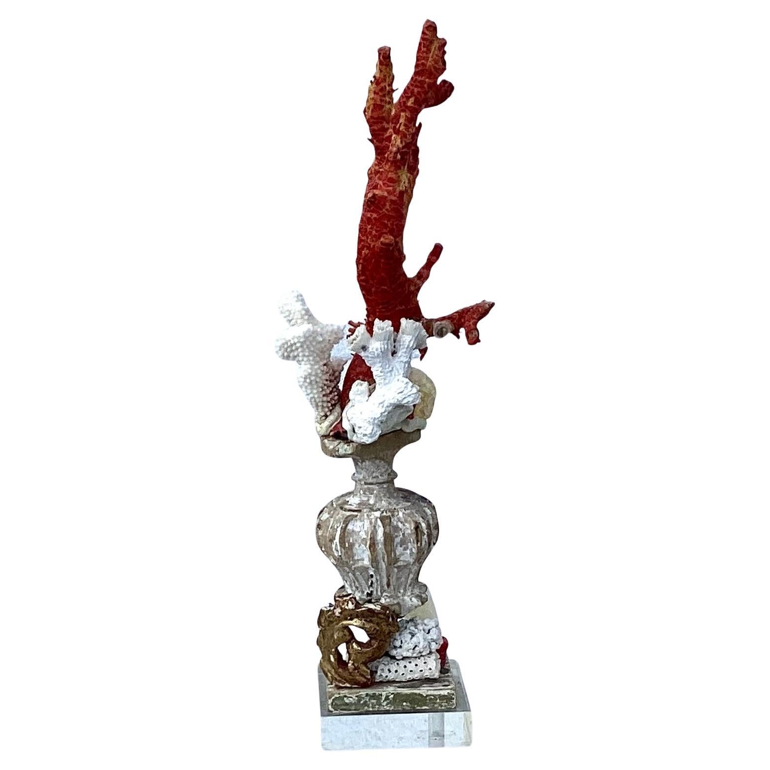 Natural Red and White Coral Mounted on 18th Century Wood Pedestal In Good Condition For Sale In Bradenton, FL