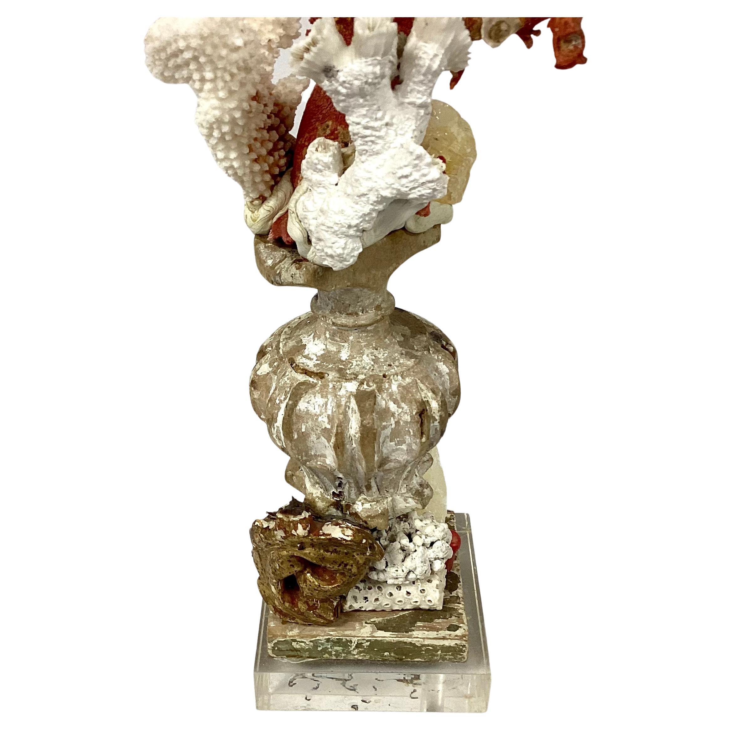 20th Century Natural Red and White Coral Mounted on 18th Century Wood Pedestal For Sale