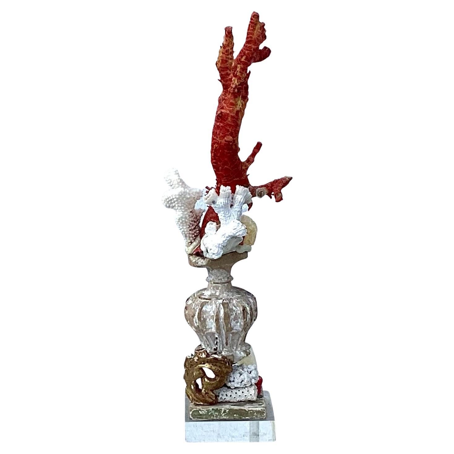 Natural Red and White Coral Mounted on 18th Century Wood Pedestal For Sale