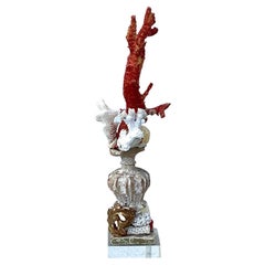 Natural Red and White Coral Mounted on 18th Century Wood Pedestal