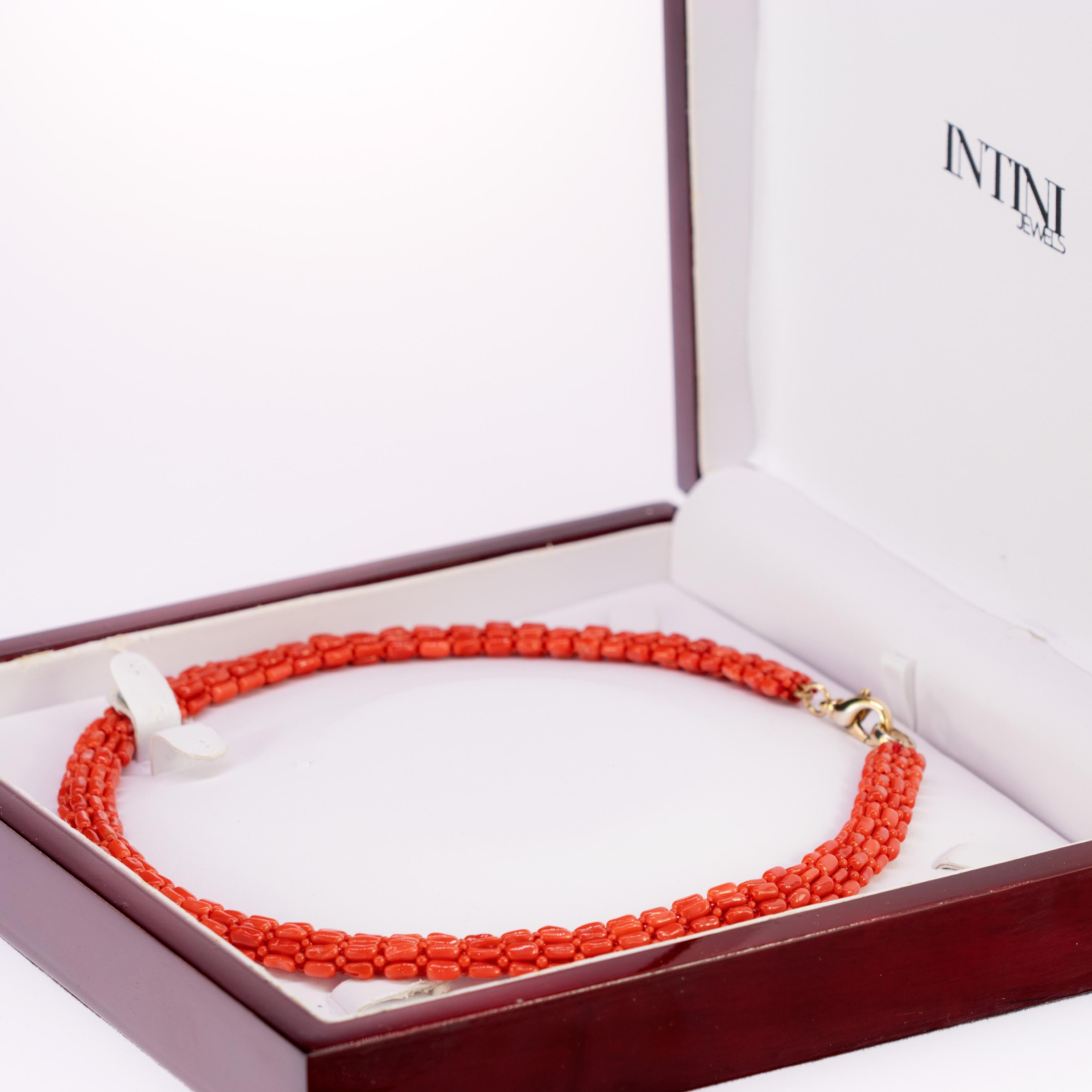 Natural Red Coral 925 Golden Silver Woven Tube Round Beaded Necklace For Sale 1