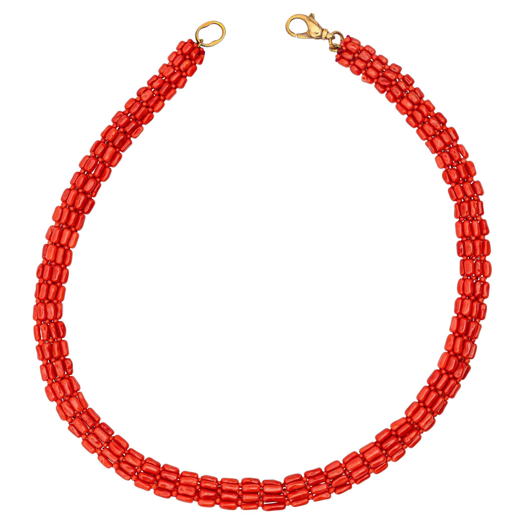 Natural Red Coral 925 Golden Silver Woven Tube Round Beaded Necklace For Sale