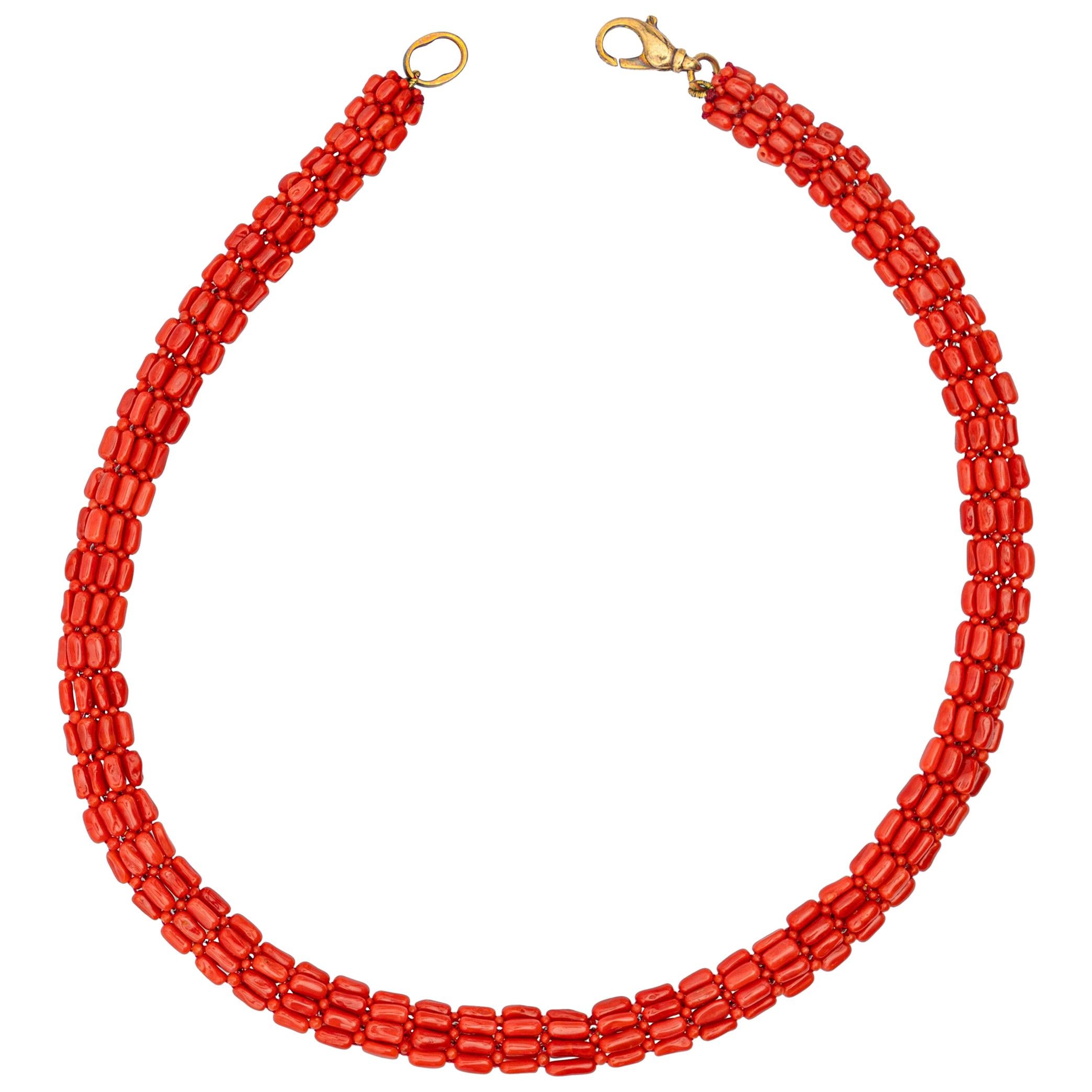 Natural Red Coral 925 Golden Silver Art Deco Style Tube Round Beaded Necklace For Sale
