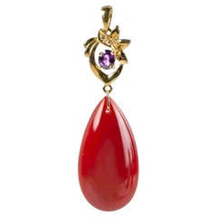 Natural Red Coral, Amethyst & Diamond Pendant in 14K Yellow Gold