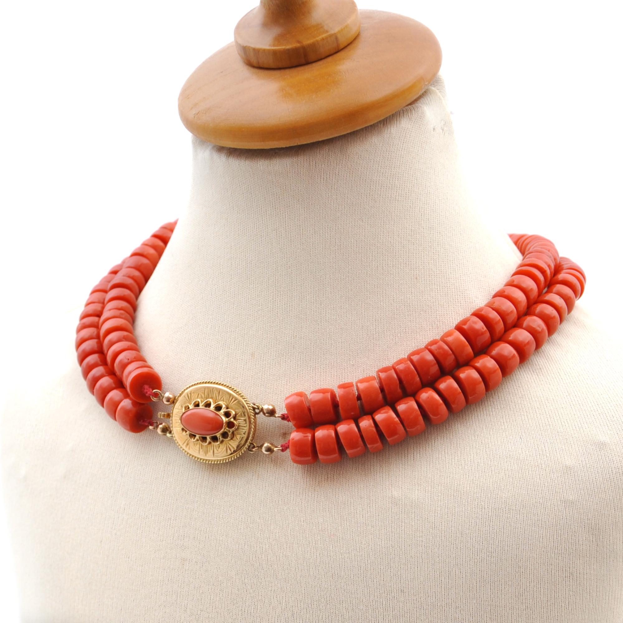 Natural Red Coral and 14K Gold TwoStrand Beaded Necklace For Sale at