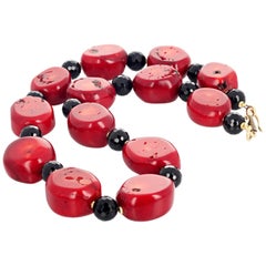 AJD Super Chic Natural 20" Red Coral & Gem Cut Black Onyx Necklace