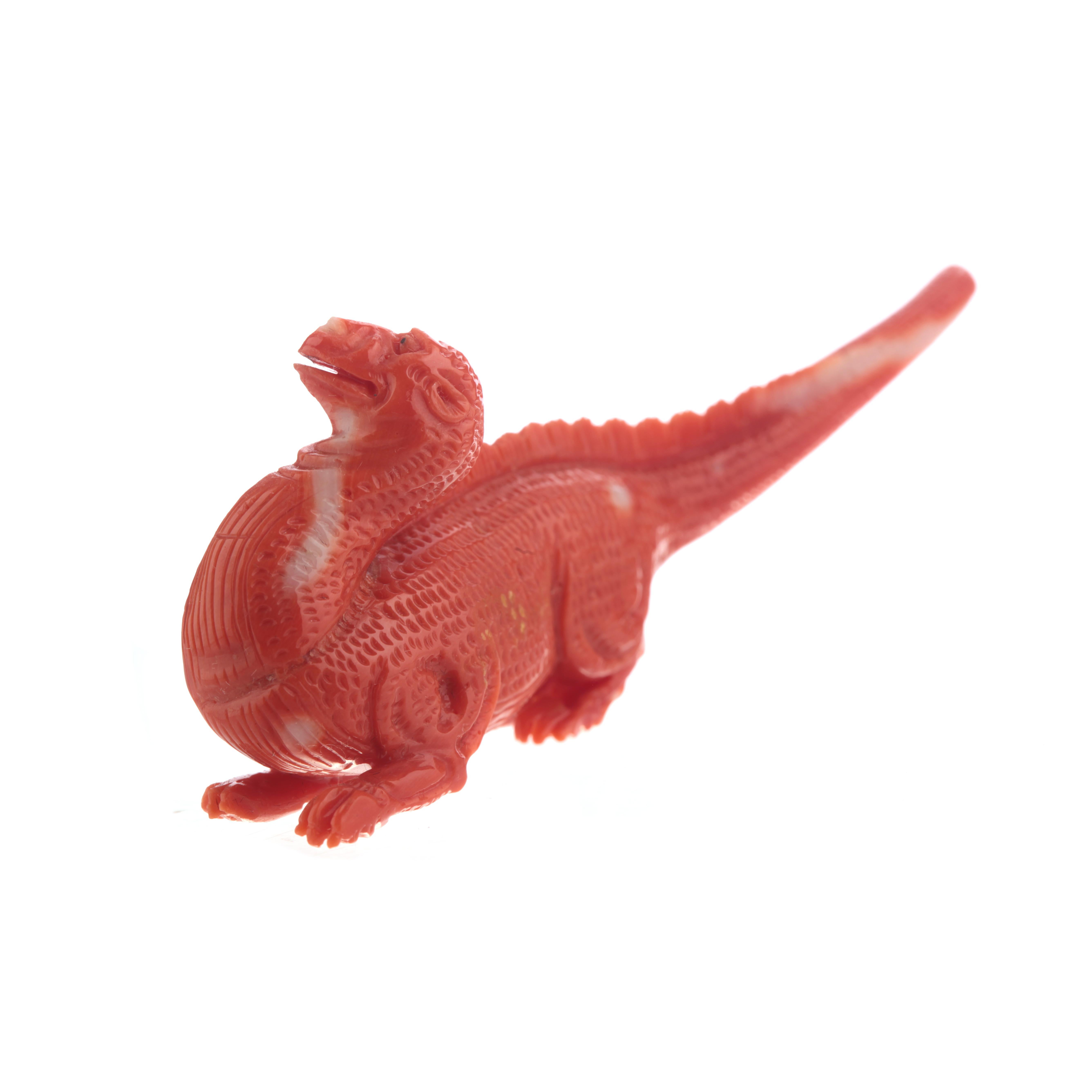 Chinese Natural Red Coral Animal Carved Dinosaur Figurine Asian Decorative Art Sculpture For Sale