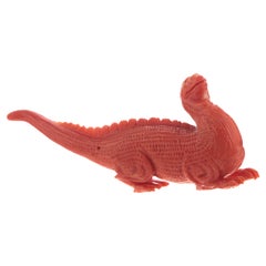 Natural Red Coral Animal Carved Dinosaur Figurine Asian Decorative Art Sculpture