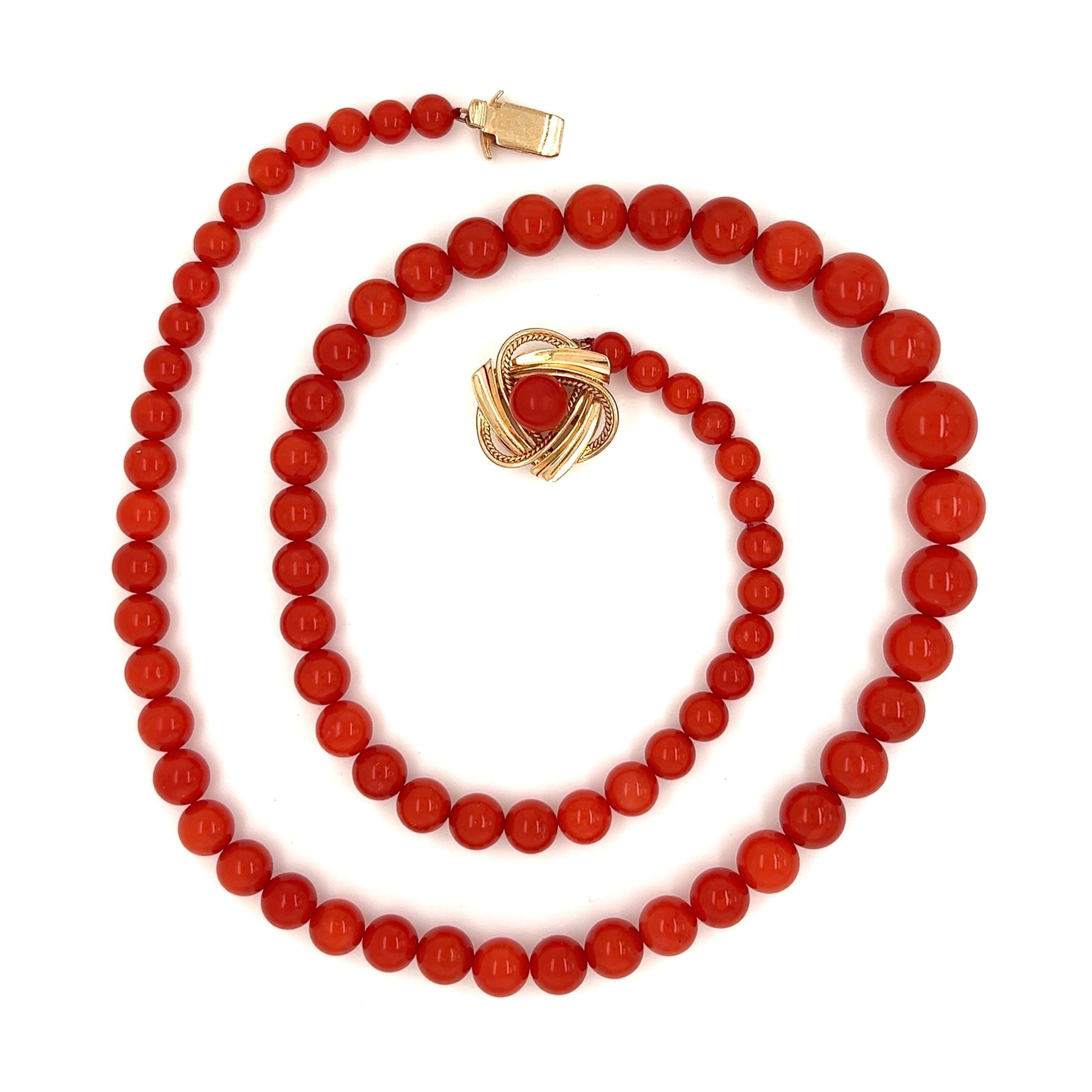 Simply Beautiful! Natural Red Coral Beads, measuring approx. 10.3-5.00mm Necklace. Hand knotted with matching thread and finished with a 14K Yellow Gold clasp. Necklace measures approx. 18”. Sure to be admired… Illuminating your Look with a touch of