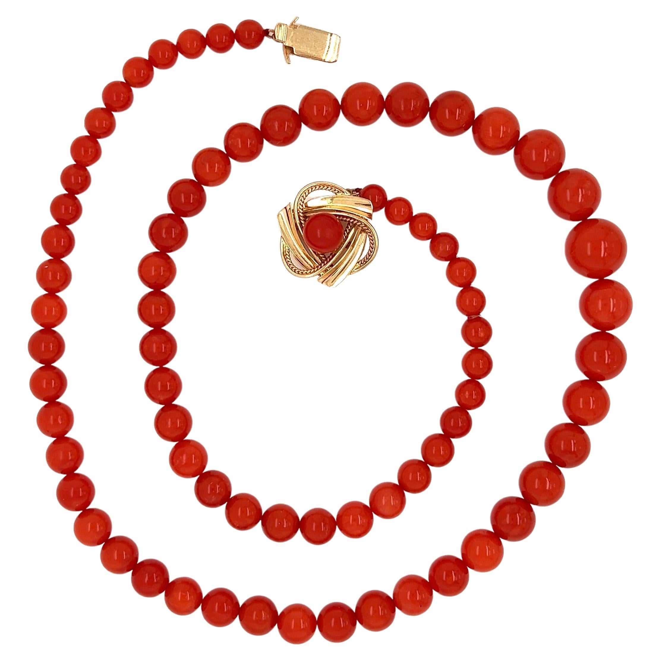 Natural Red Coral Bead and Gold Clasp Necklace For Sale