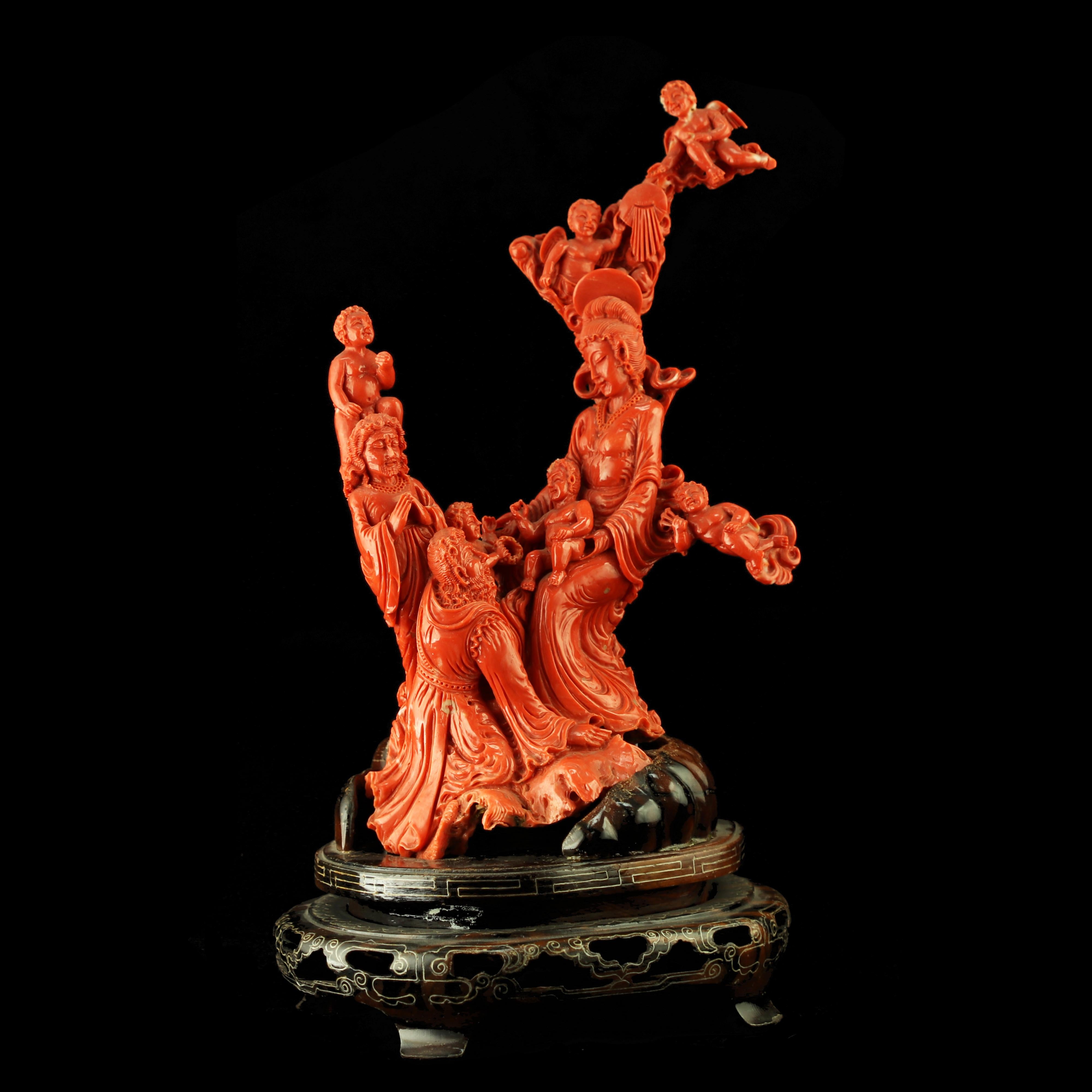 Natural Red Coral Chinese Family Carved Asian Decorative Love Statue Sculpture For Sale 3