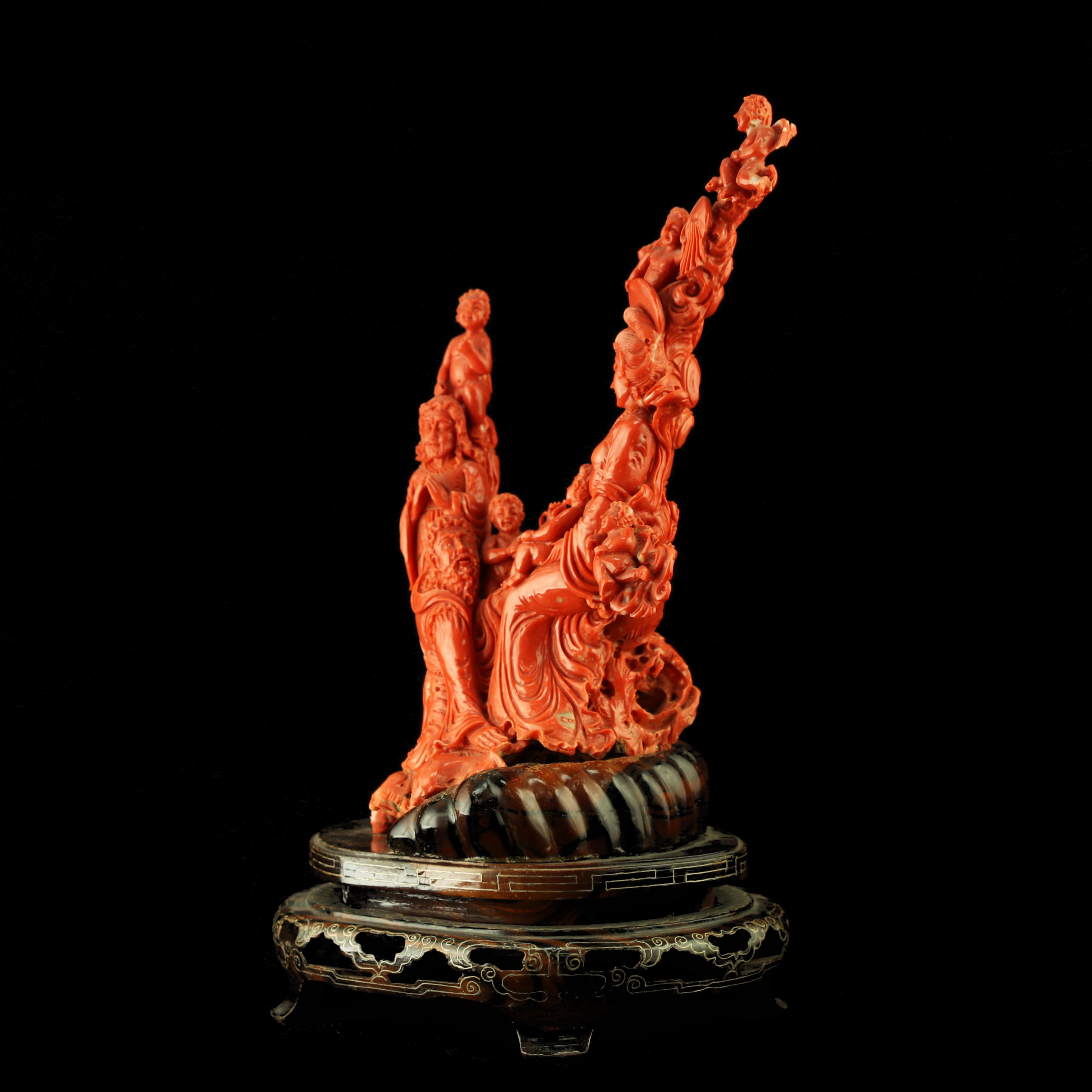 Natural Red Coral Chinese Family Carved Asian Decorative Love Statue Sculpture For Sale 5