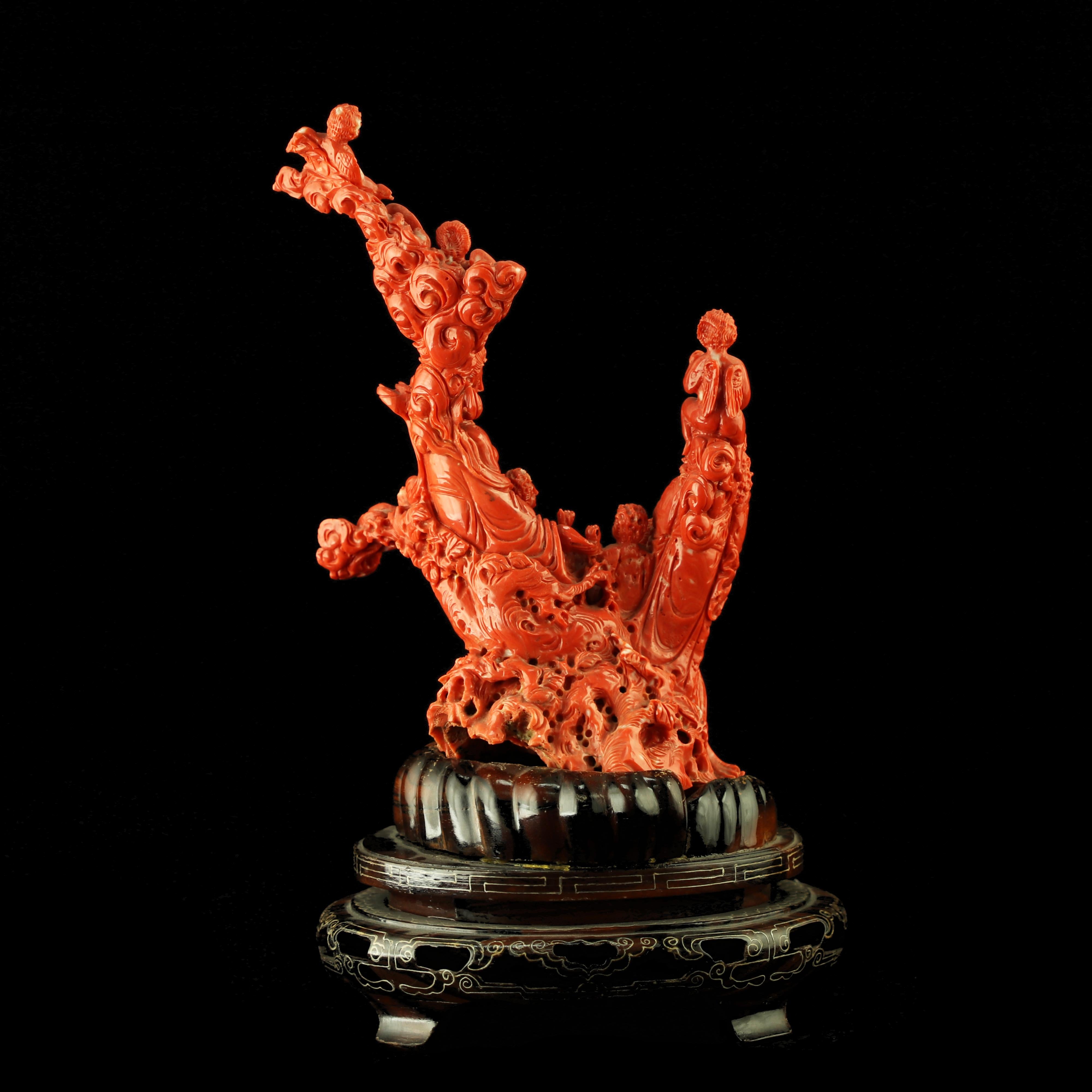 Natural Red Coral Chinese Family Carved Asian Decorative Love Statue Sculpture For Sale 6
