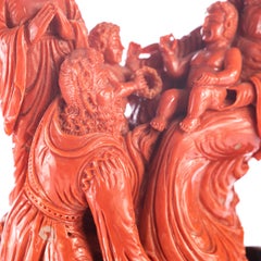 Natural Red Coral Chinese Family Carved Asian Decorative Love Statue Sculpture