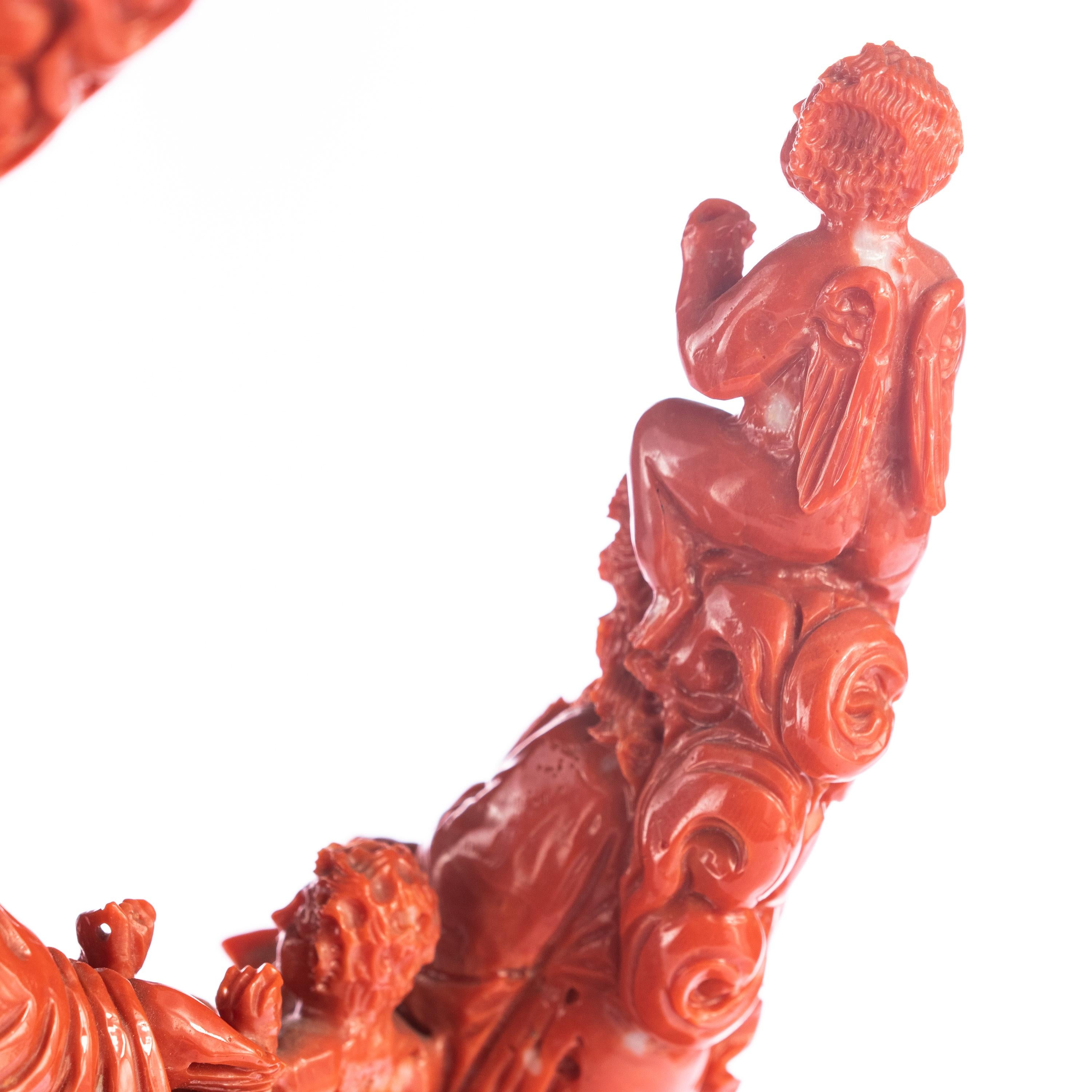 Chinese Export Natural Red Coral Chinese Family Carved Asian Decorative Love Statue Sculpture For Sale