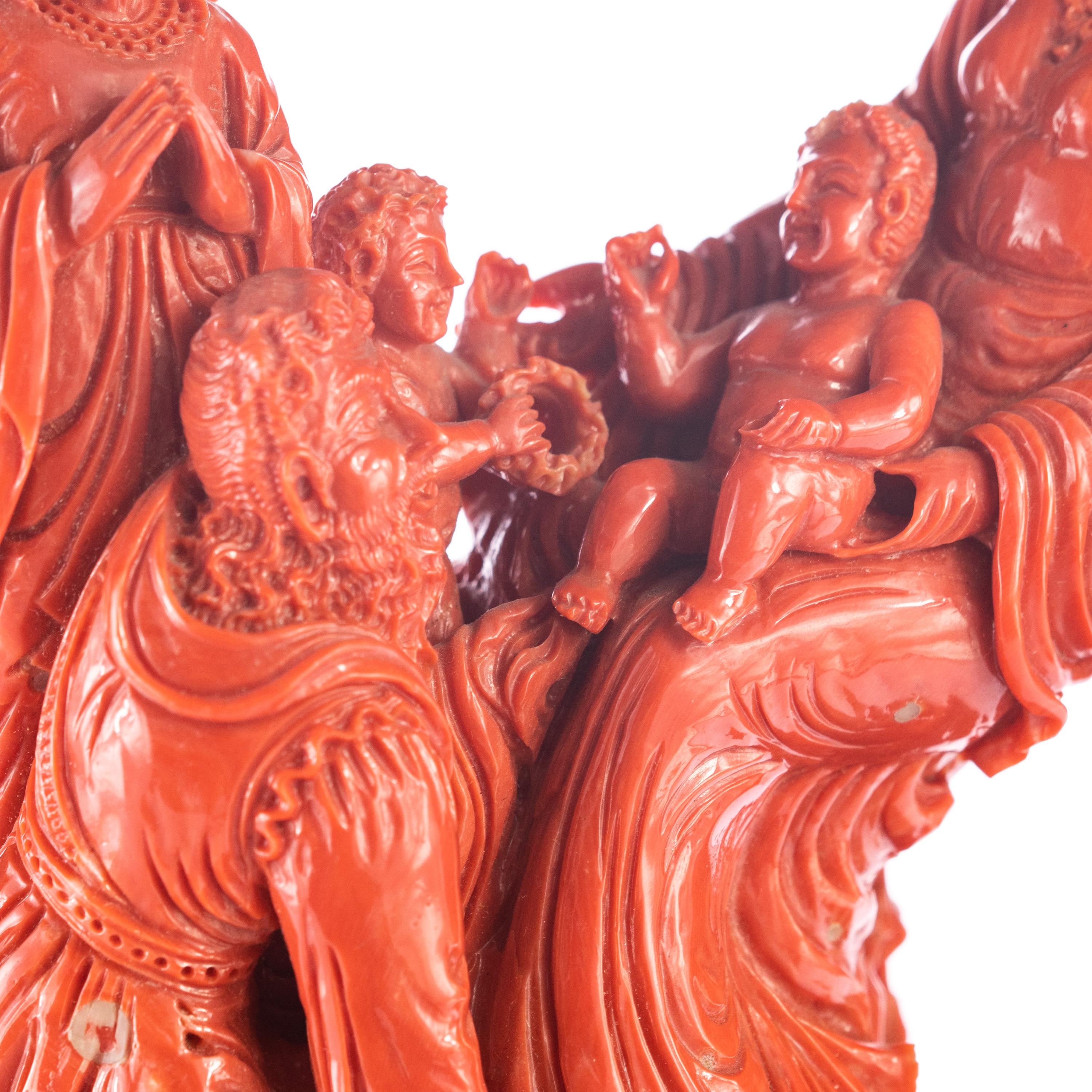 20th Century Natural Red Coral Chinese Family Carved Asian Decorative Love Statue Sculpture For Sale