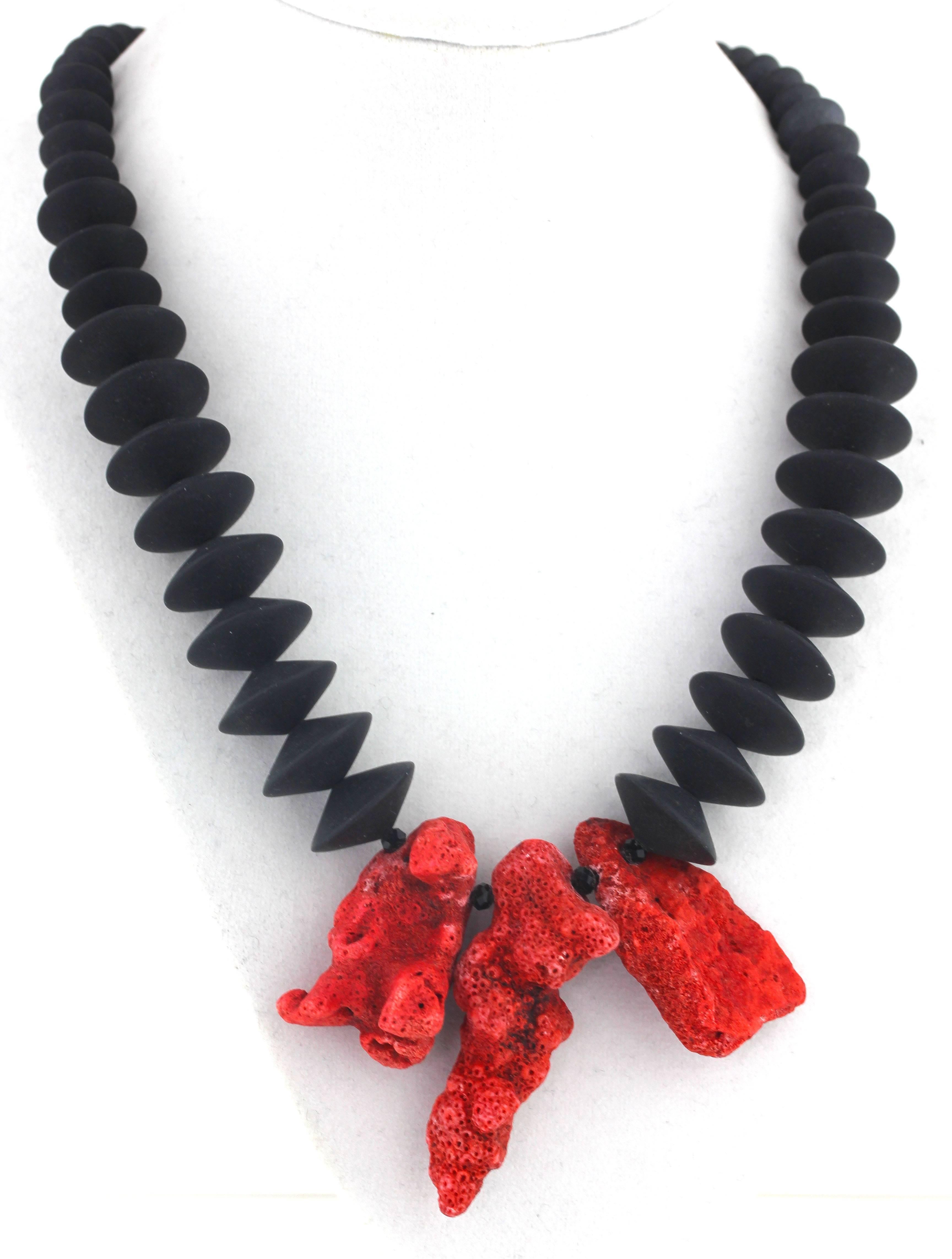Mixed Cut AJD One-of-a-Kind Natural Red Coral Chunks and Flat Black Onyx Necklace