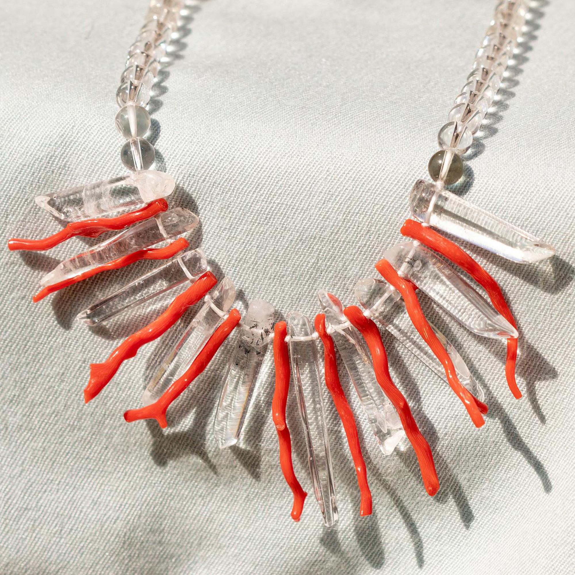 Natural Red Coral Crystal Rock Sterling Silver Reaf Handmade Chic Boho Necklace For Sale 1