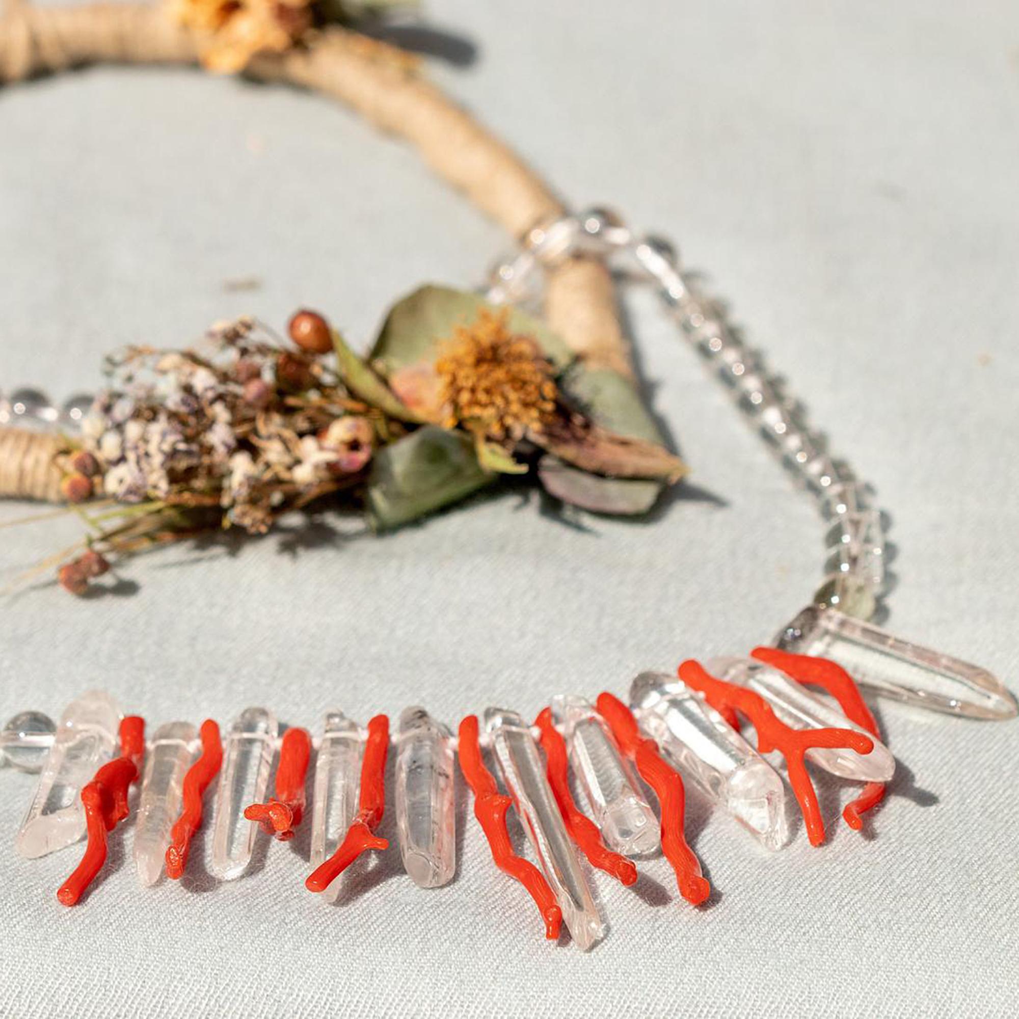 Contemporary Natural Red Coral Crystal Rock Sterling Silver Reaf Handmade Chic Boho Necklace For Sale