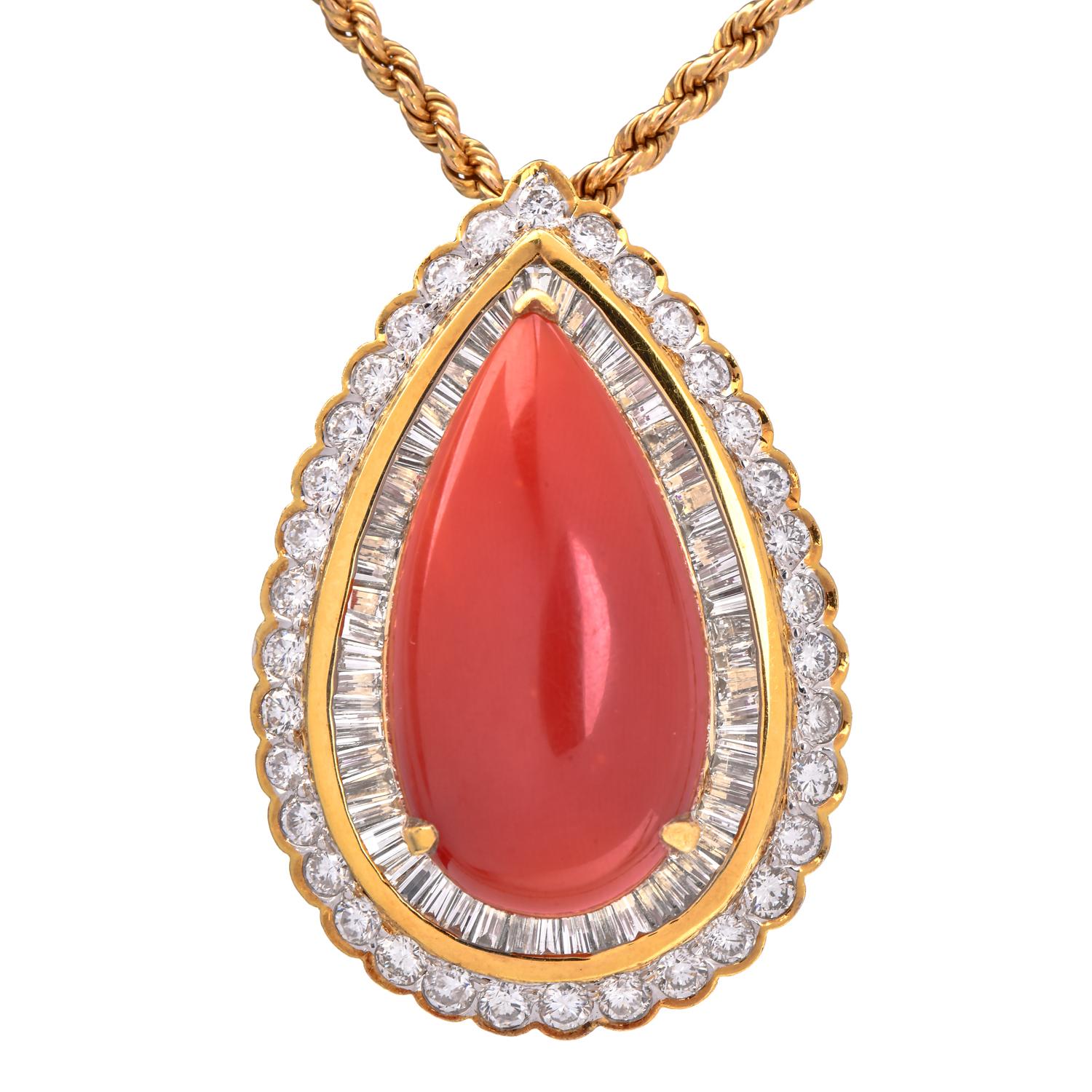 Stunning 18K Yellow Gold Pear Halo Design Pendant with GIA certified Red Coral surrounded with Natural Brilliant Round and Tapered Baguette Diamonds with great brilliance.

The open work design at the back elevates the overall look of the